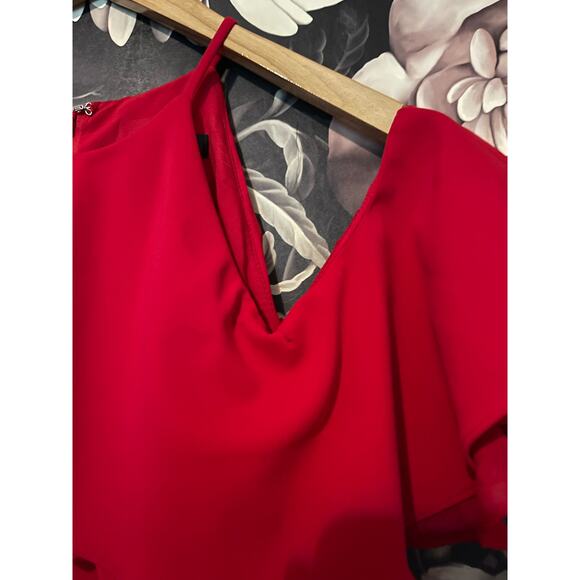 Badgley Mischka Crossover Ruffle Gown 8 Red Cold Shoulder Formal Maxi - Picture 8 of 9